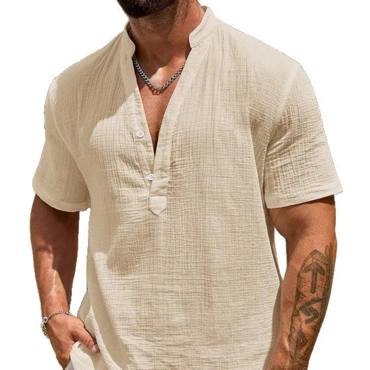Men's light blue short-sleeved casual shirt with a stand collar.