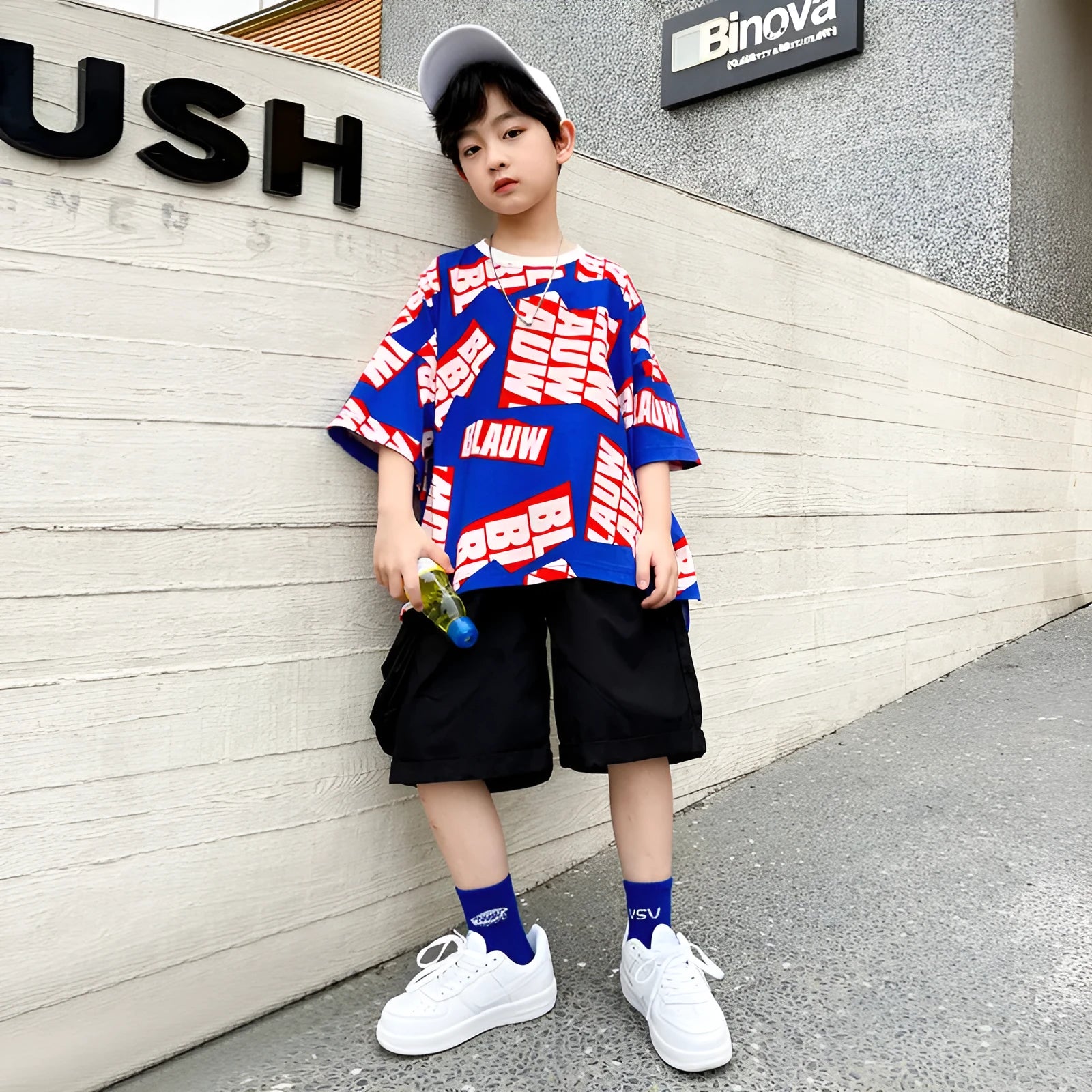Boys summer cotton letter print hip-hop suit two-piece set in green, short sleeve pullover and five-point shorts