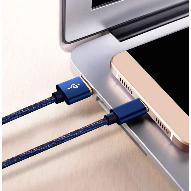 Denim braided USB-C charging cable with aluminium connectors in three length options