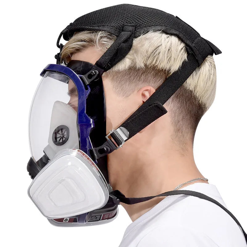 Blue edge spherical full mask with trapezoidal canister showing KN95 and activated carbon protection