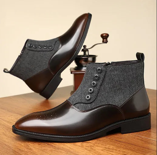 Men's brown and green retro formal leather-style shoes with side zipper and square toe.