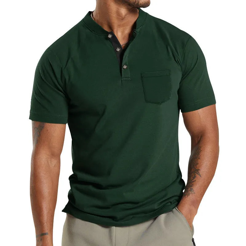 Plus size man wearing a light khaki short sleeve polyester shirt with a button chest pocket.