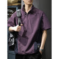 Brown men's half-zip stand collar casual shirt made from Ice Silk fabric, showing the front zip and short sleeves.