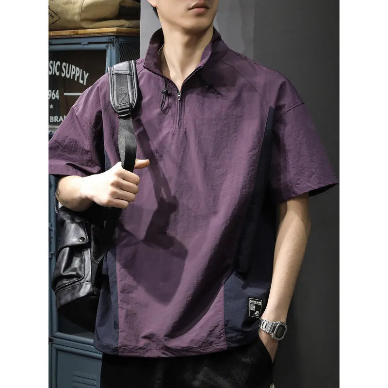 Brown men's half-zip stand collar casual shirt made from Ice Silk fabric, showing the front zip and short sleeves.