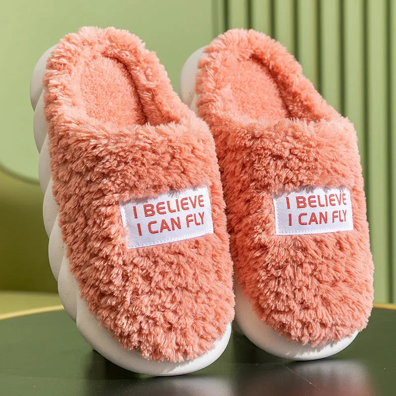 Warm plush slippers with faux fur lining and PVC sole in brown, a unisex home shoe for winter