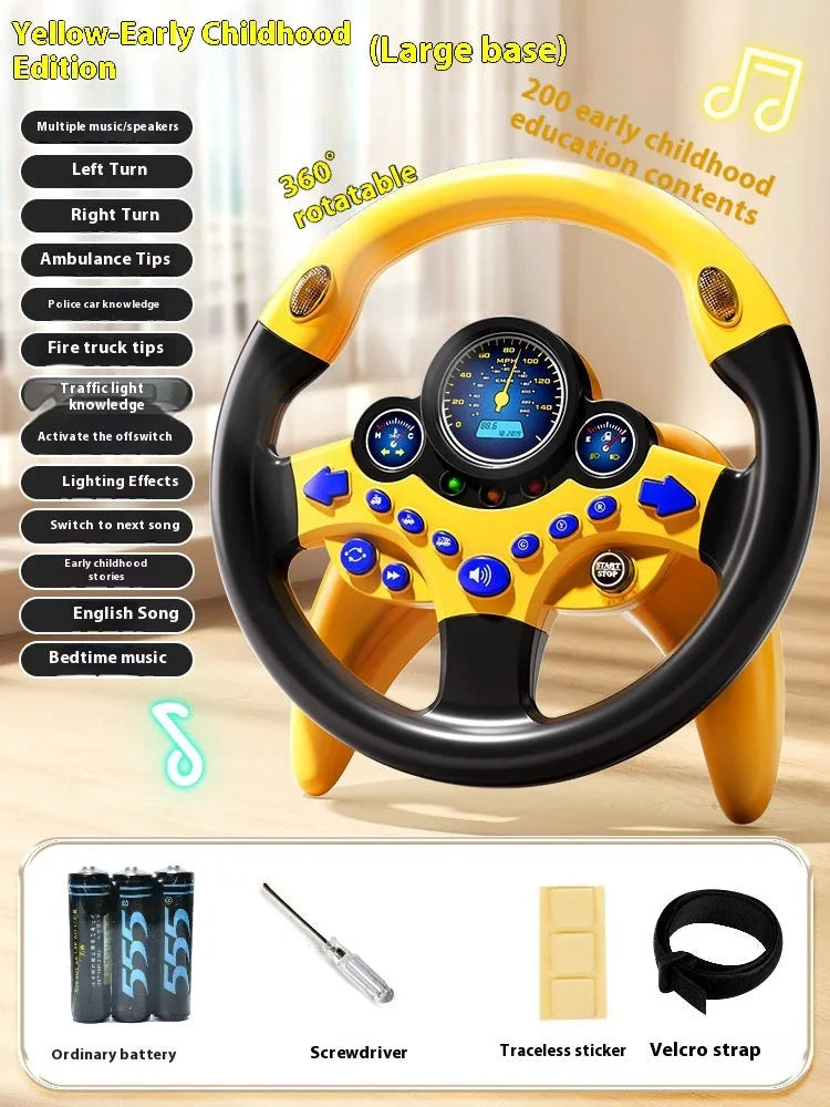 Children's steering wheel early education toy with music and lights, plastic, 25.5x25.5cm, pink traffic version