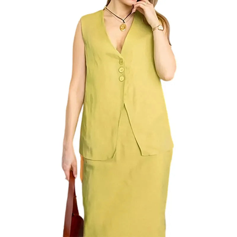Women's blue loose vest and long skirt two-piece sleeveless suit set on a hanger