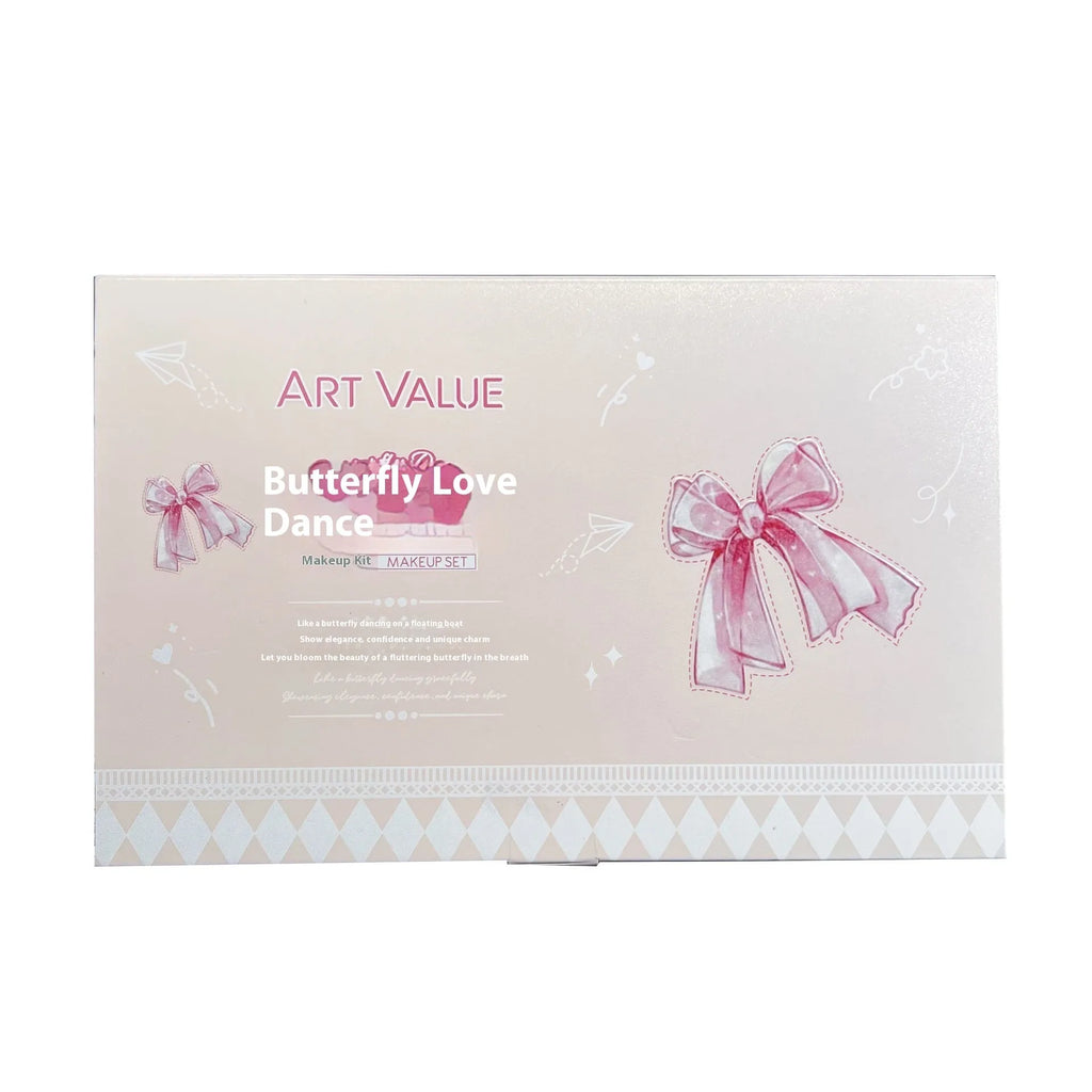 Butterfly Box makeup set with four pink matte lip muds, powder blusher, and matching necklace