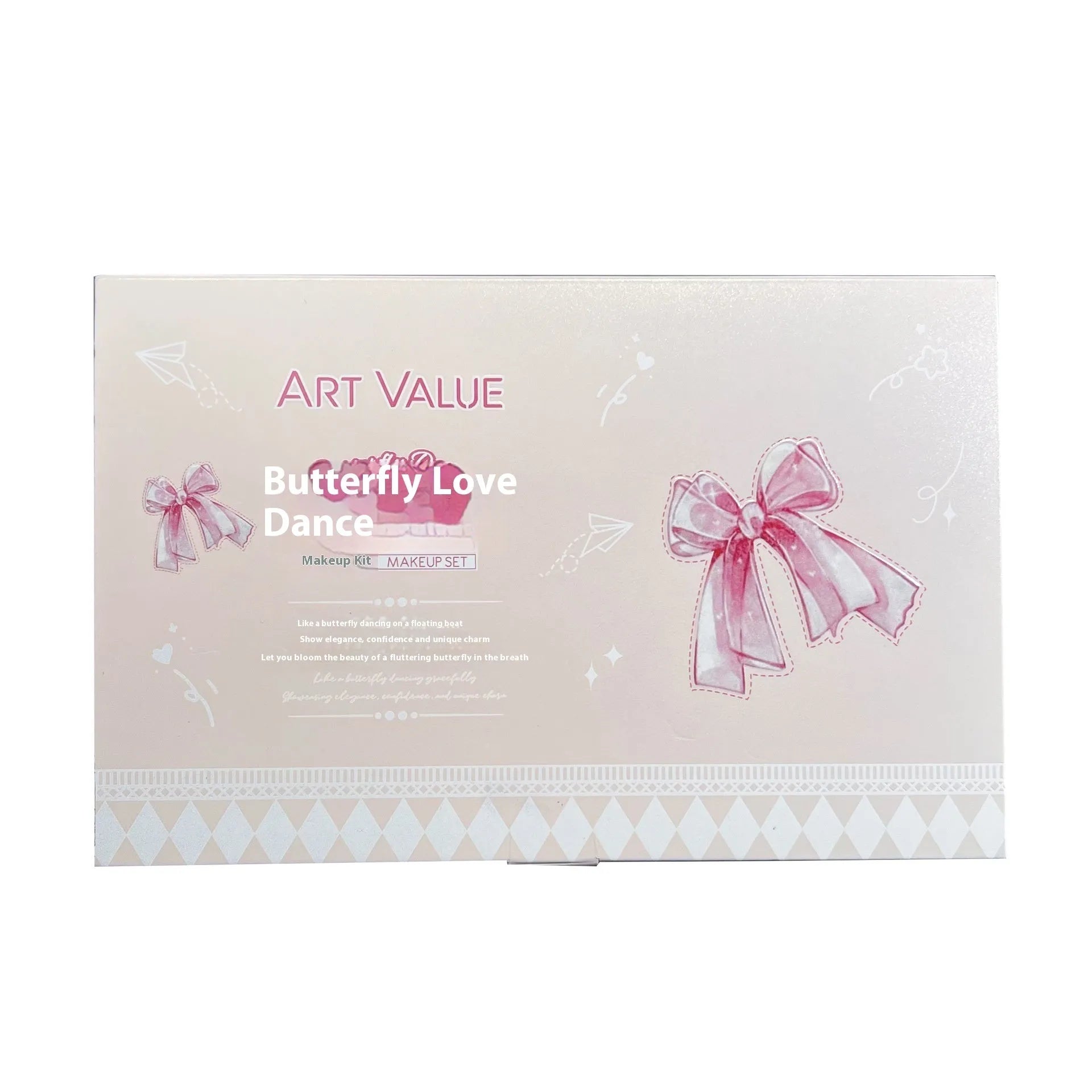 Butterfly Box makeup set with four pink matte lip muds, powder blusher, and matching necklace
