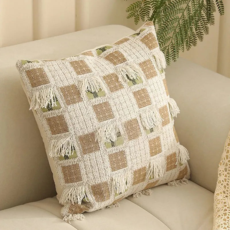 45cm square Jacquard cushion cover with Nordic plant and flower pattern in a retro colour.