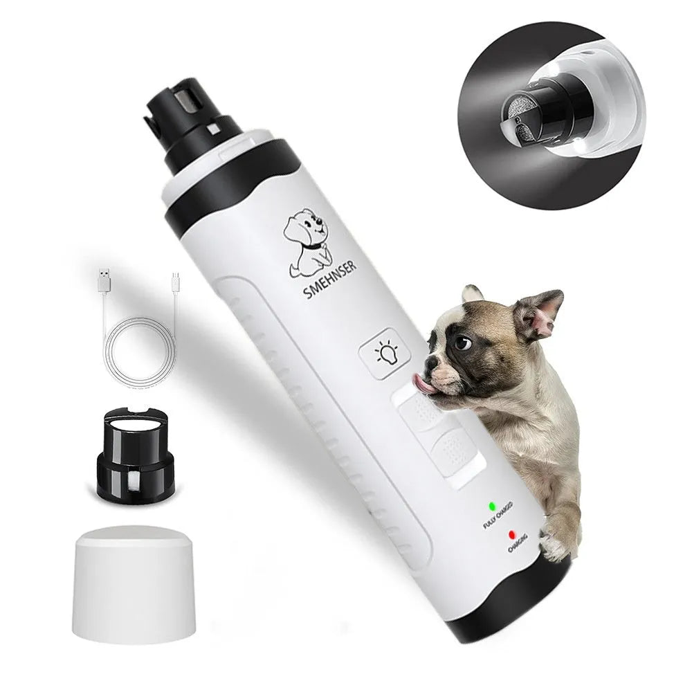 White and grey electric dog nail grinder with LED display showing speed settings and dust collection port