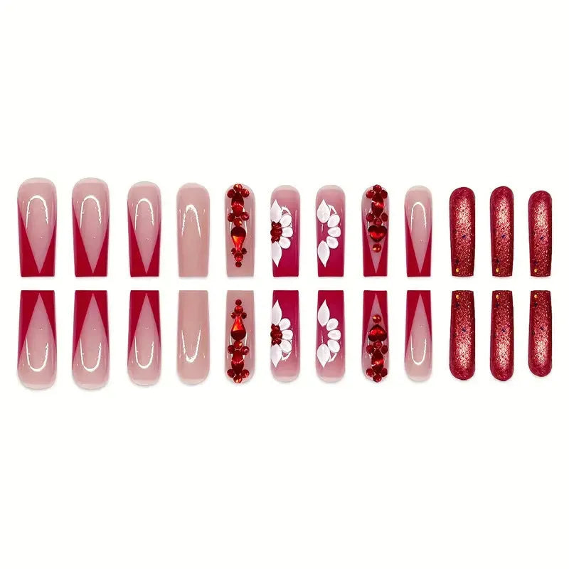Sweet Flowers Temperament removable fake nails with floral patterns and red diamond accents