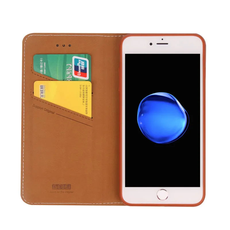 Brown PU leather wallet phone case for iPhone showing card slots and cash pocket.