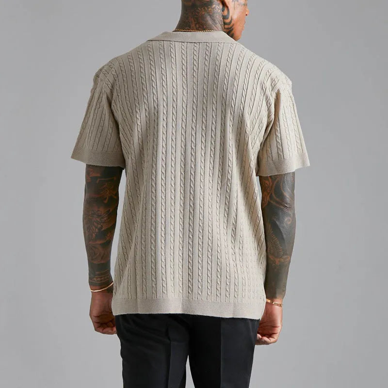 Men's knitted button short-sleeved shirt in Silver Gray solid colour, slim fit, cotton blend fabric