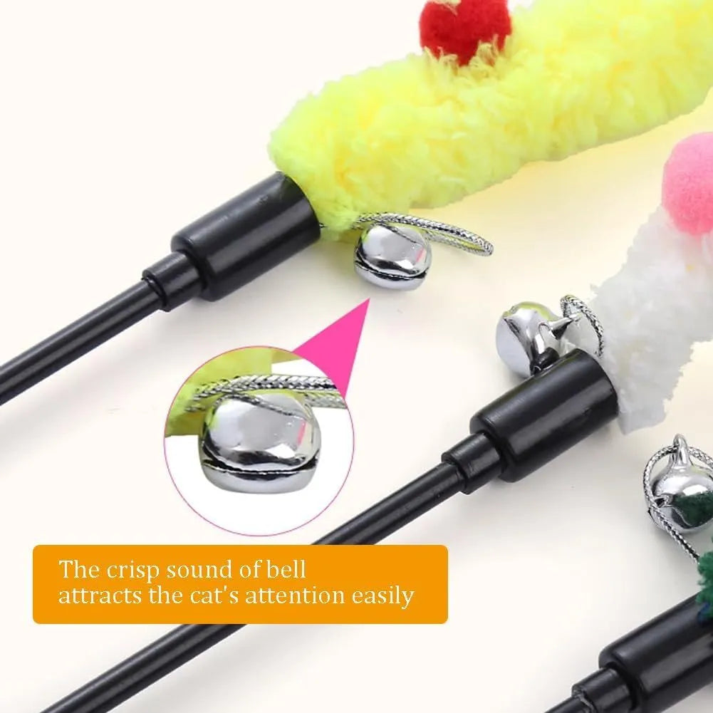 Interactive cat wand toy with colourful fluffy ball and bell on 60cm plush strip