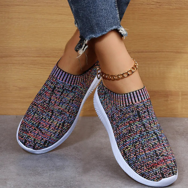 Unisex stripe knit sock shoes flat sneakers in white grey flower colour low top EVA sole