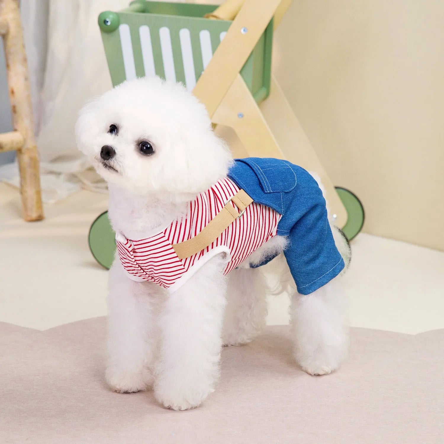 Fashion pet dog denim four pants in blue stripes for male dogs, polyester material, size M