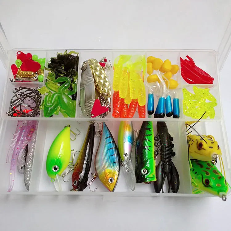 142-piece fishing lure set showing hard mino plastic lures, sequins, fishhooks and fishing pliers