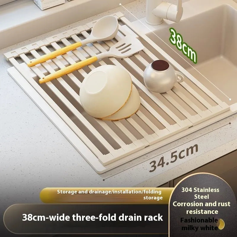 Milky white foldable stainless steel kitchen draining rack shown over a sink.