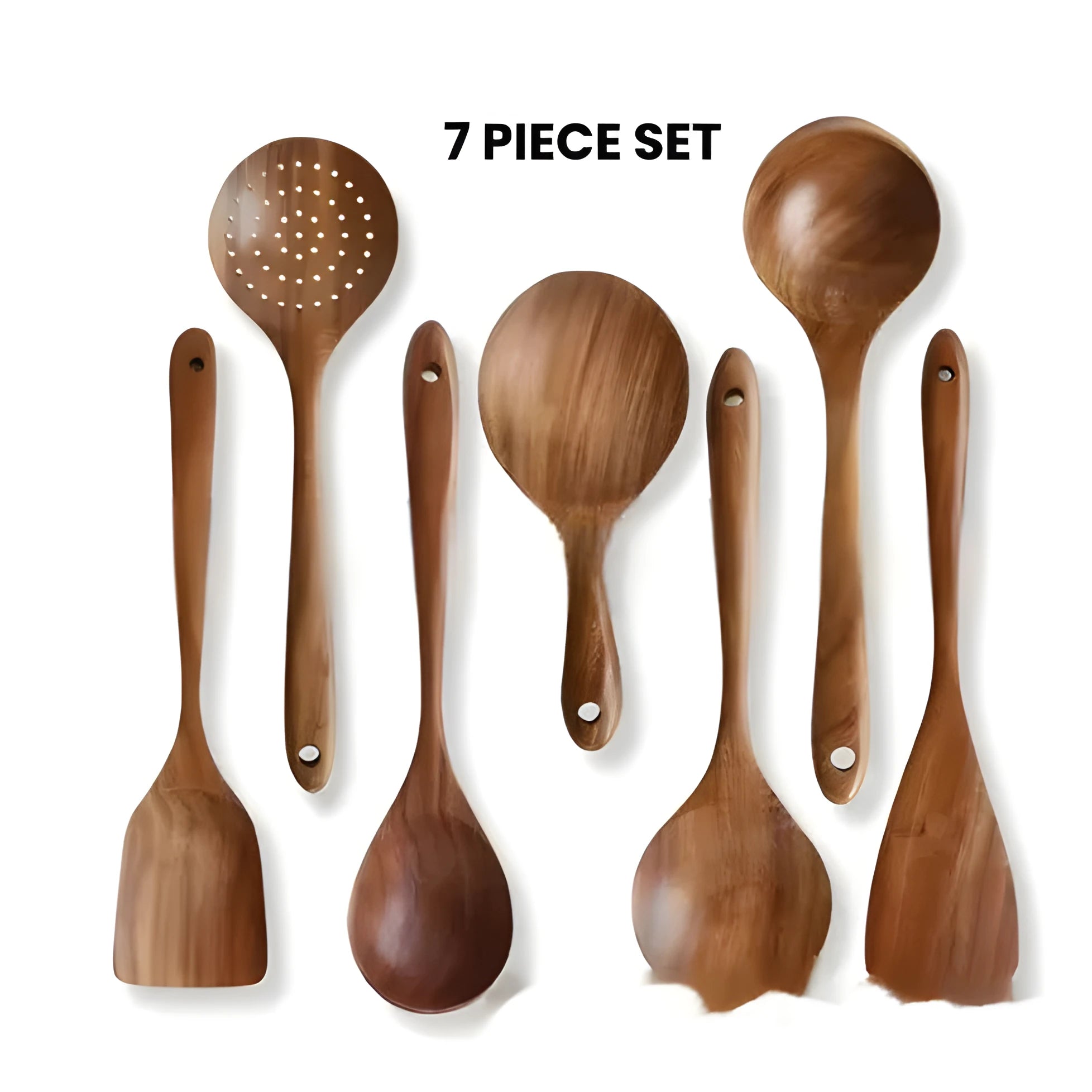 Wooden kitchen utensil set with seven pieces including spoons and spatulas in boxed presentation