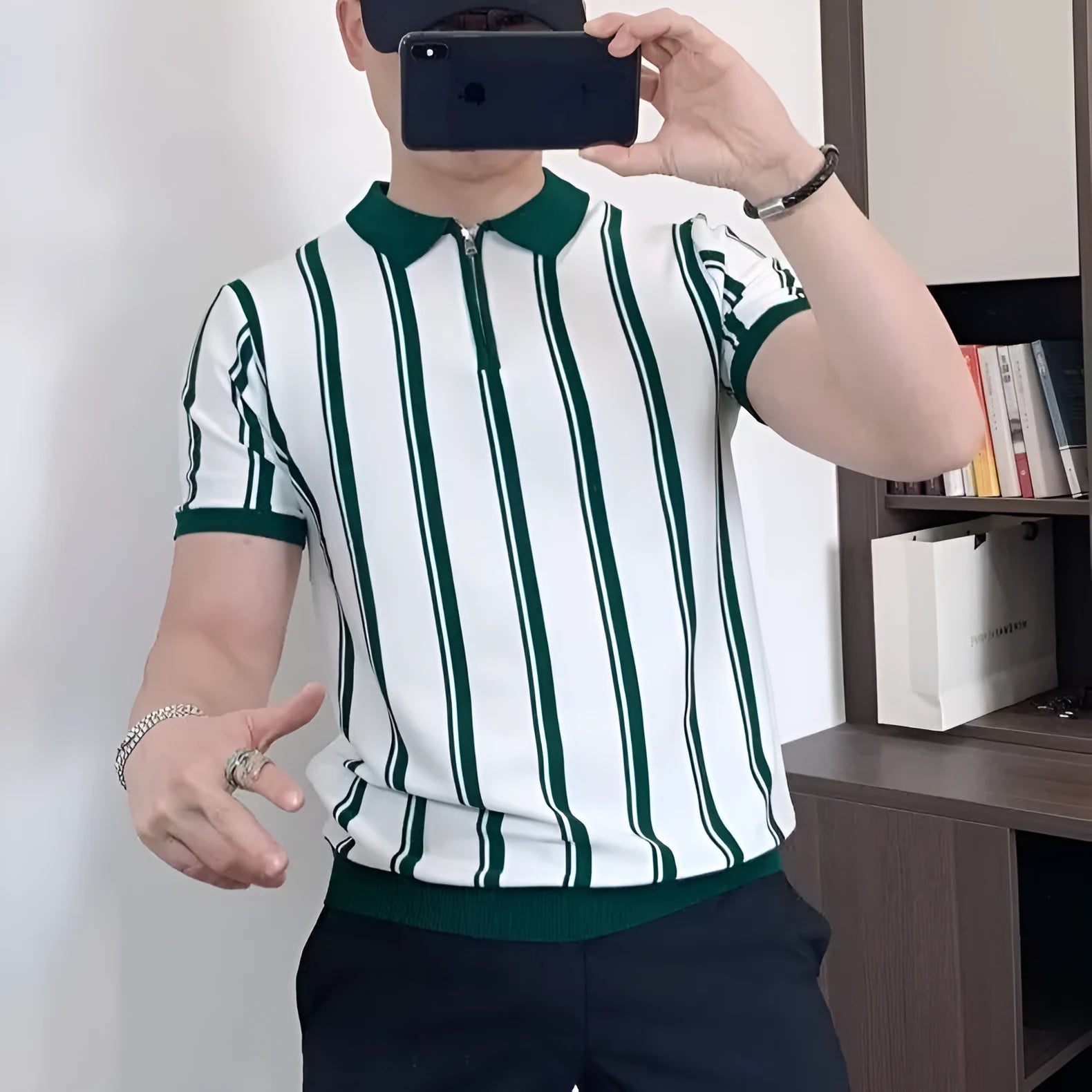 Men's Korean style vintage stripe casual t-shirt with front zipper and cartoon pattern