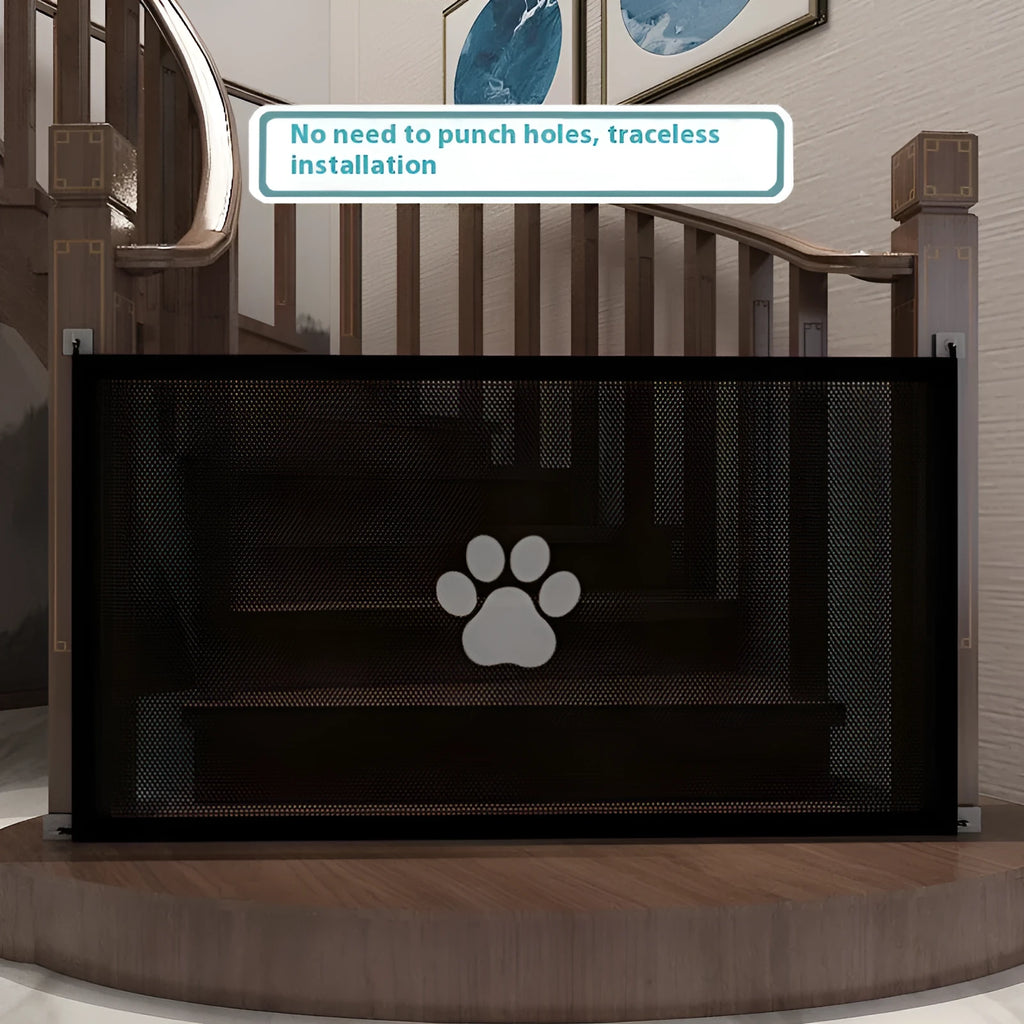 Folding pet barrier safety net with plastic rods showing dog footprint design in black or white colour options