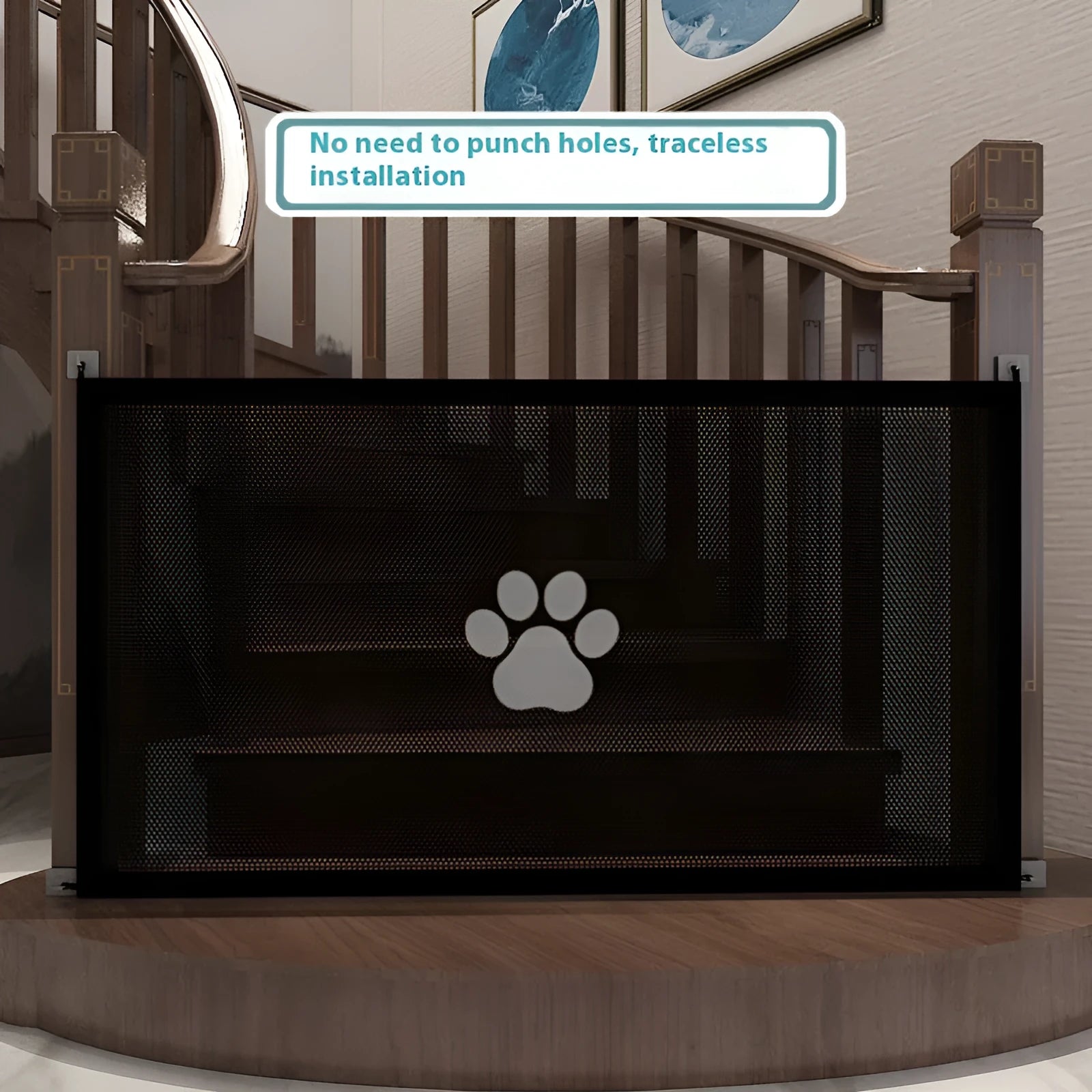 Folding pet barrier safety net with plastic rods showing dog footprint design in black or white colour options
