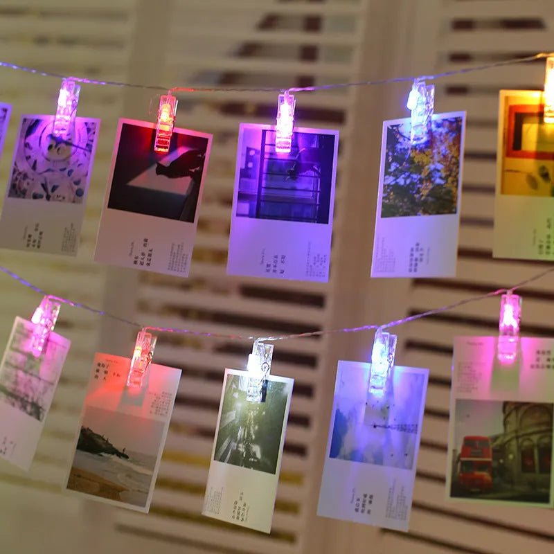 LED photo wall clip light string with heart-shaped clips, warm white lights, plastic construction, IP44 rated