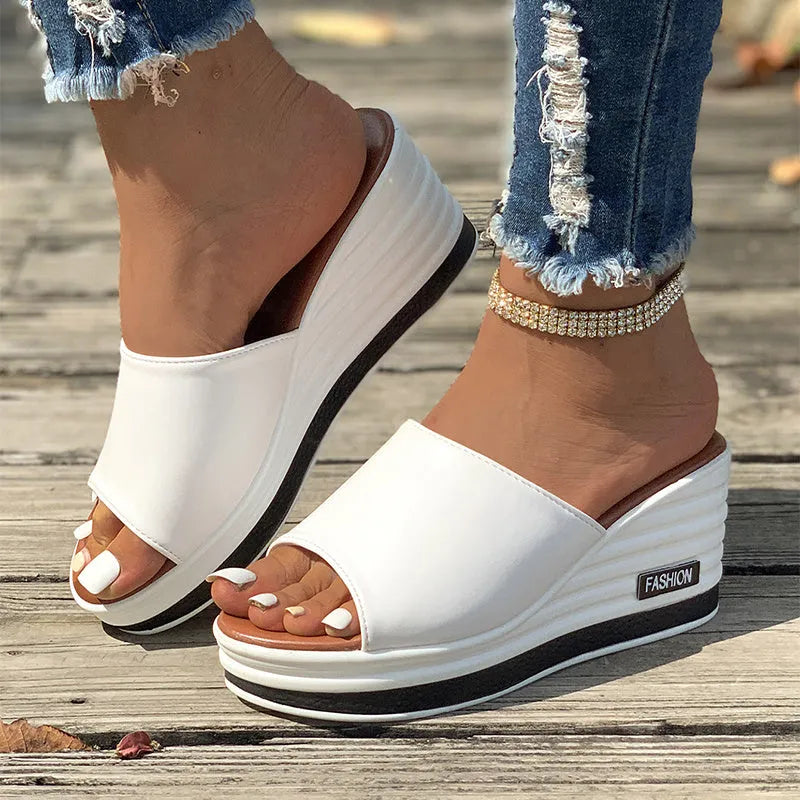 Women's fish mouth wedges sandals with hollow design high heel, PU upper, rubber sole, in black/white