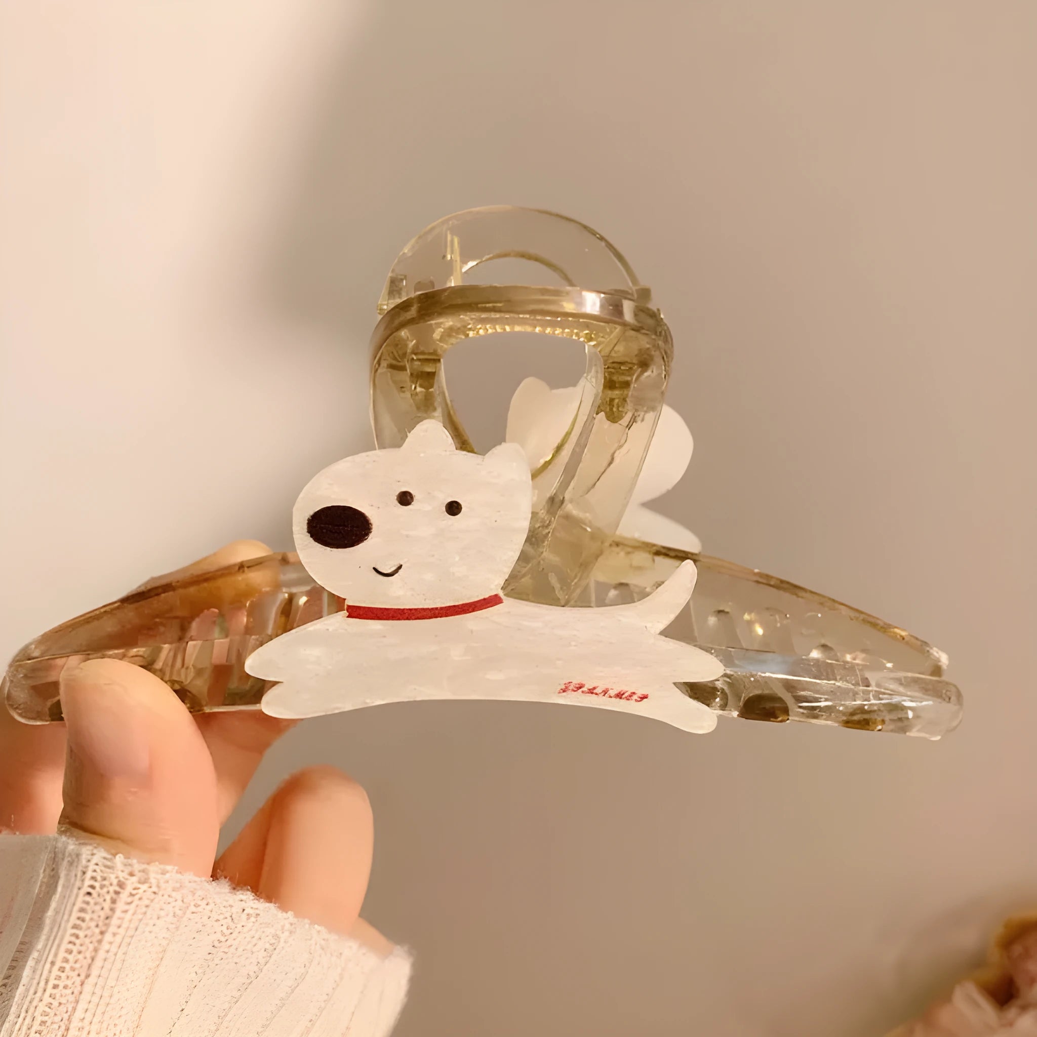 Cartoon puppy design barrettes hair grips in beige and brown colours showing 8cm and 13cm sizes