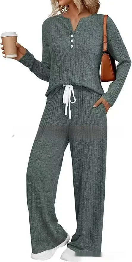 Women's V-neck knit long coat with lace-up detail and matching trousers in street fashion style