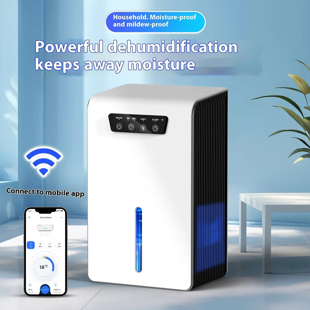 Milky white small household dehumidifier with water tank for bedroom use.