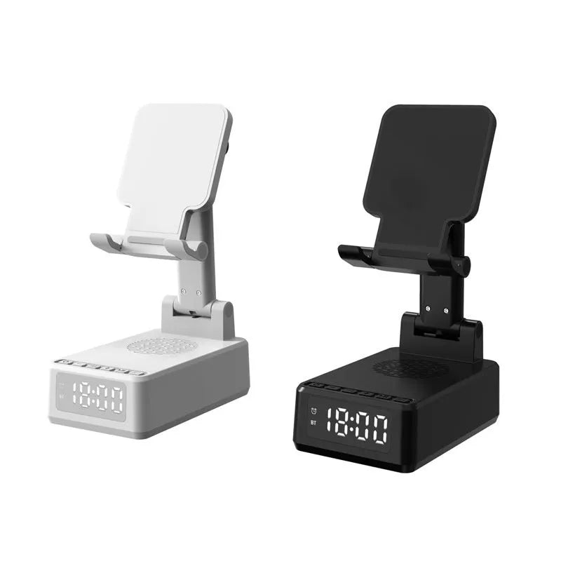 Multi-function Bluetooth speaker phone holder desktop bracket in black with 15W wireless charging pad.