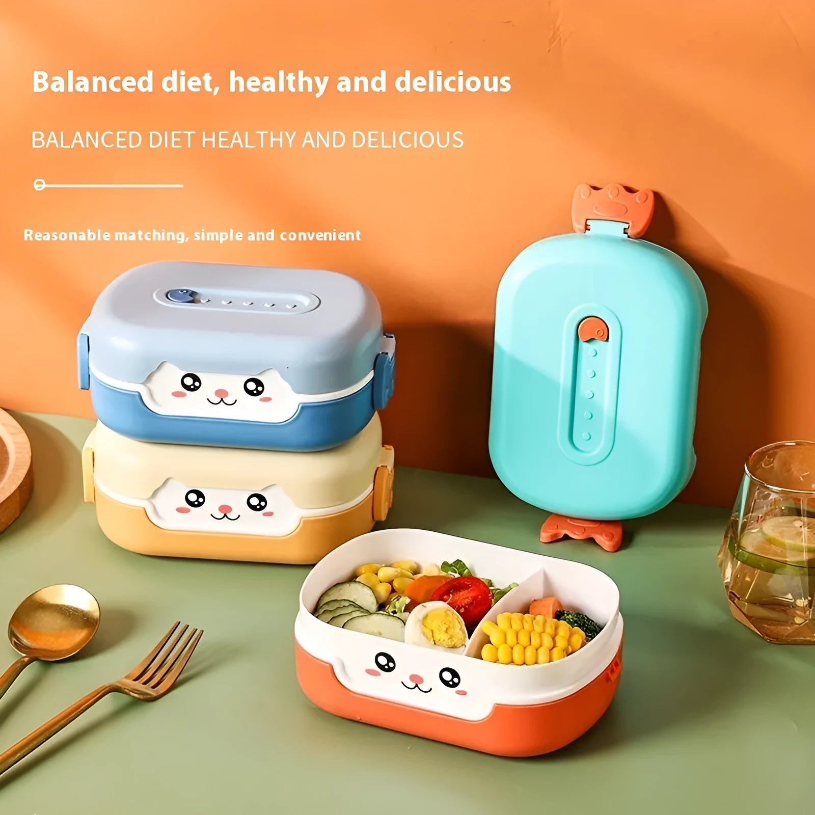 Square divided plastic lunch box with cartoon design in dark blue, orange yellow, or pink and green colours