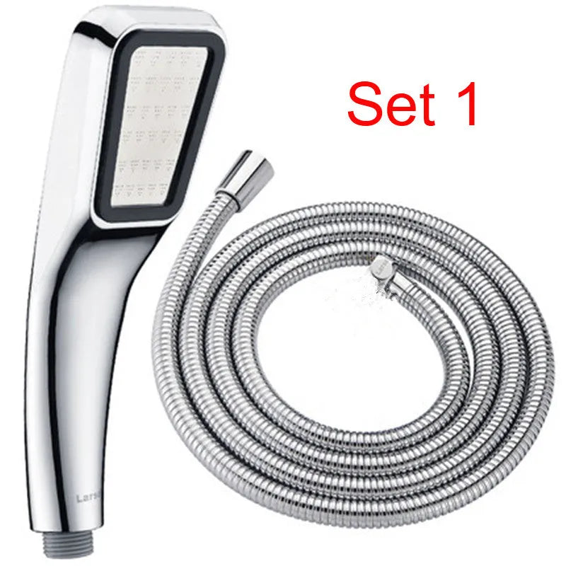 Orange hand-held rain shower set with wall bracket and connection hose