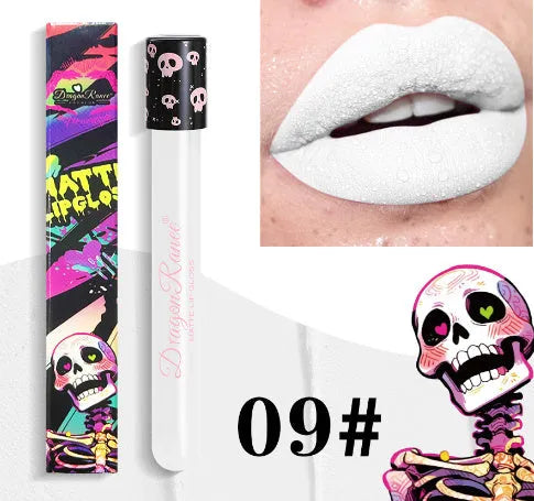 Halloween creative makeup lip gloss in skull test tube packaging with gold and silver matte shades