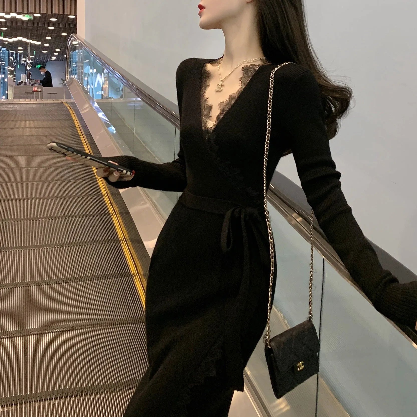 Women's black slim fit woolen skirt with princess dress silhouette and free size design