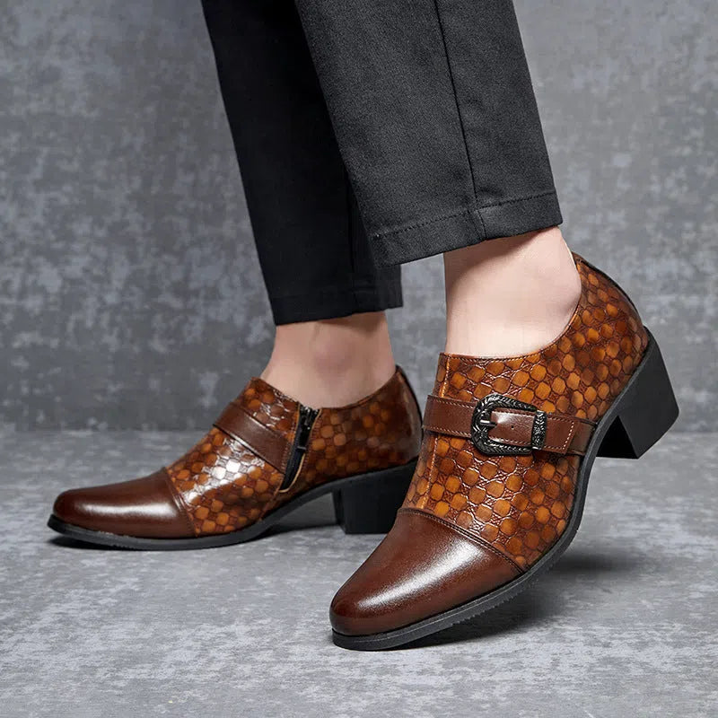 Men's casual snakeskin Cuban leather lace-up round toe shoes in black and brown rubber sole