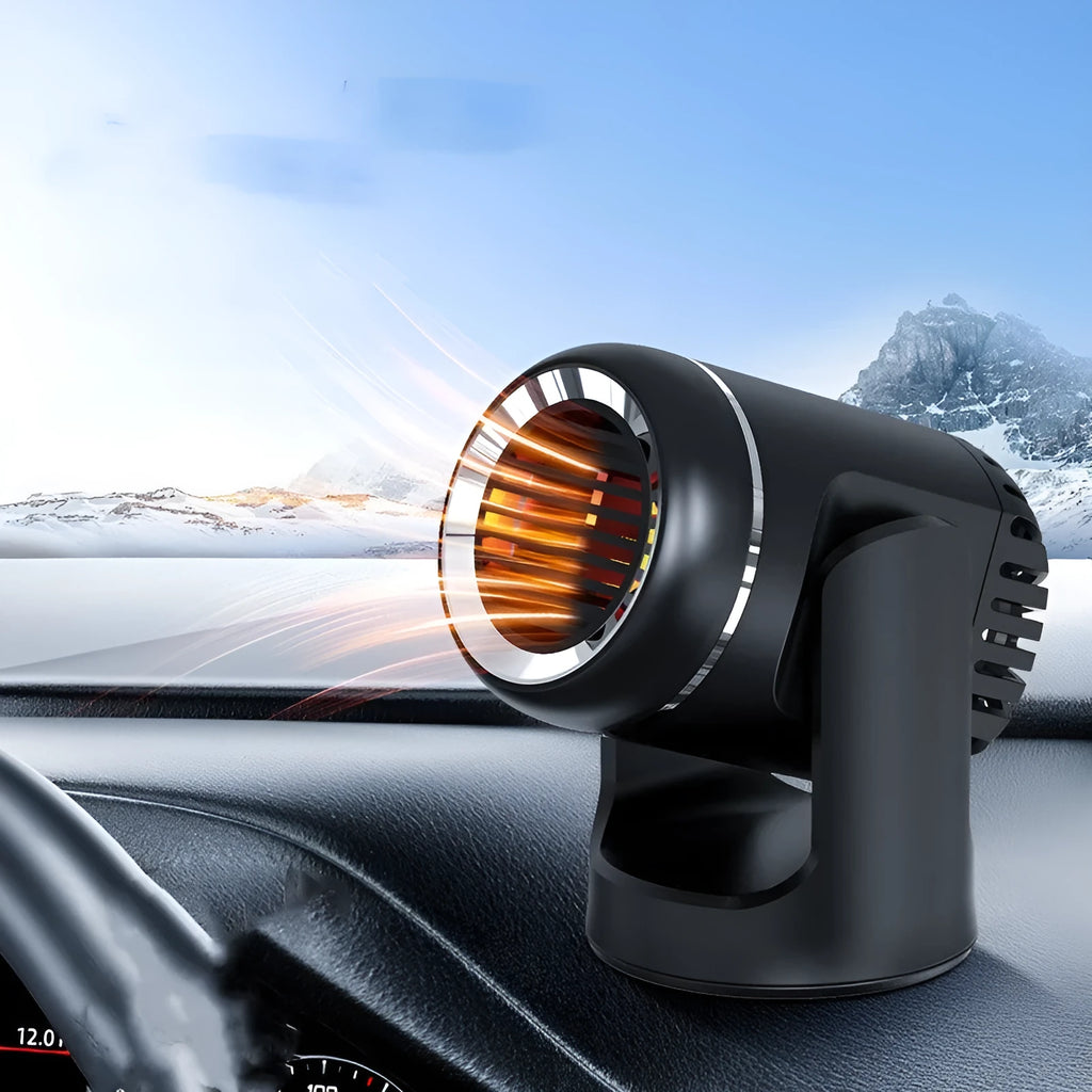 Compact black and white 12v car heater with dual cold/warm settings for vehicle defrosting and cabin comfort