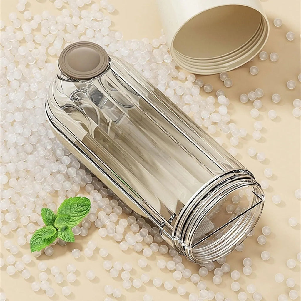 Beige foldable dog water bottle with food dispenser shown extended and collapsed for walking.