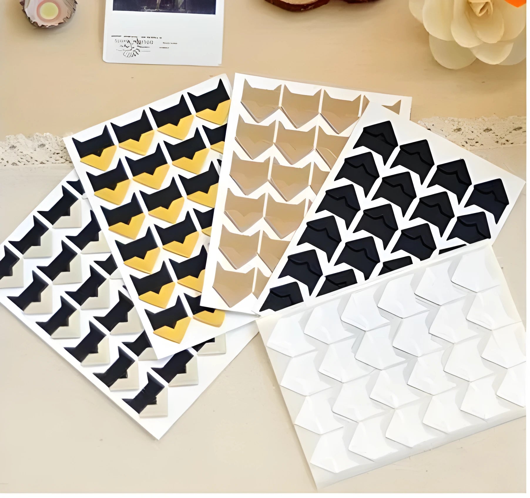 Five sheets of vintage corner stickers in black, gold, kraft paper, silver, and white colours, each sheet 12.5x9cm, total 120 stickers