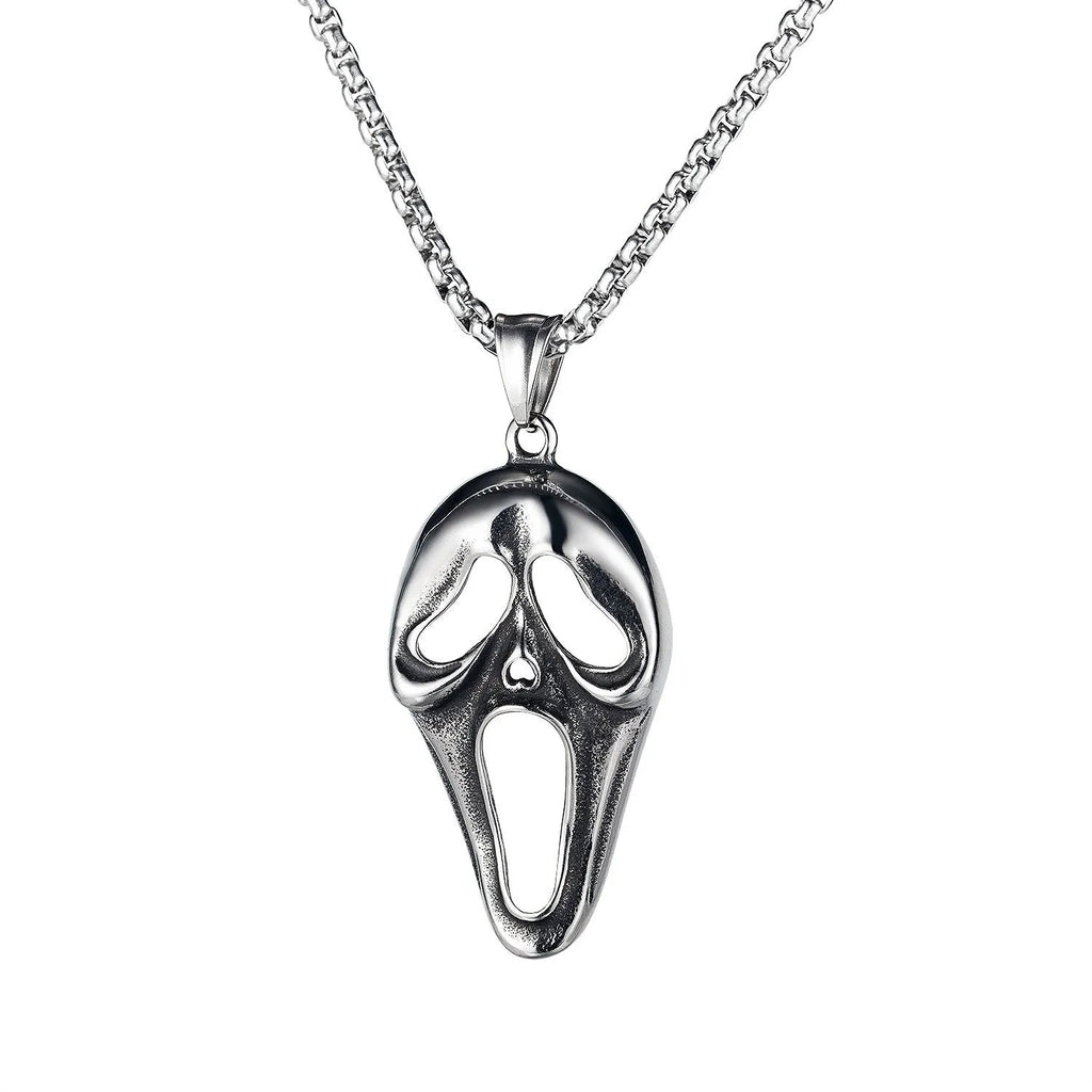 Men's silver skull necklace with stainless steel chain and six different alloy pendant designs