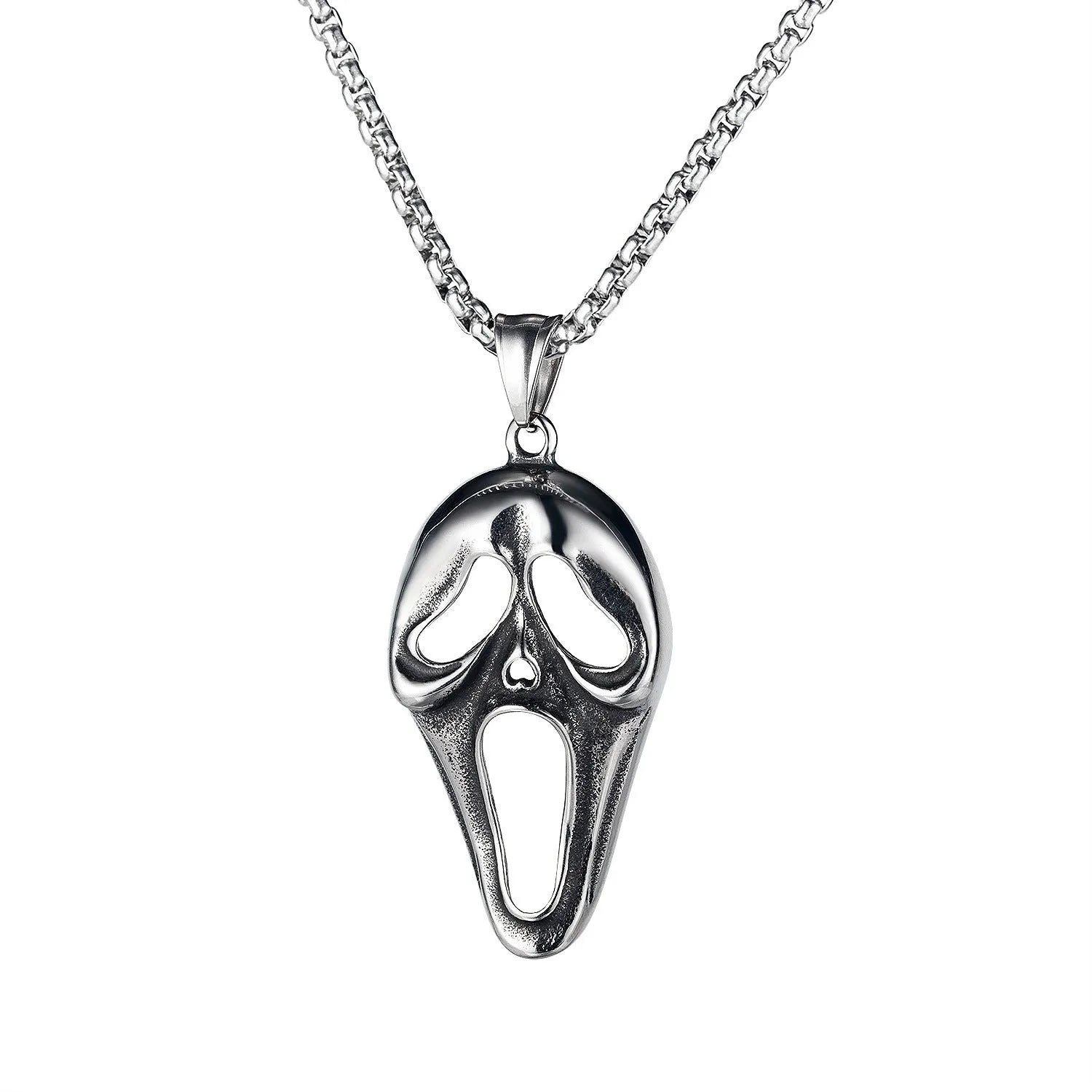 Men's silver skull necklace with stainless steel chain and six different alloy pendant designs