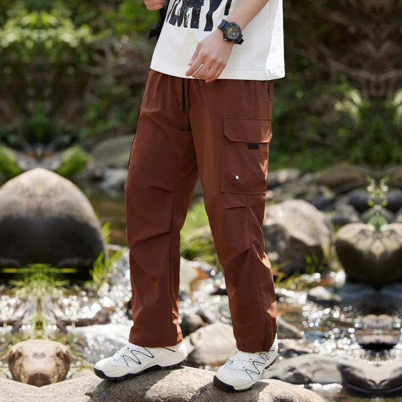 Men's quick-drying summer casual pants in polyester, cropped mid-waist style, colour khaki, size M