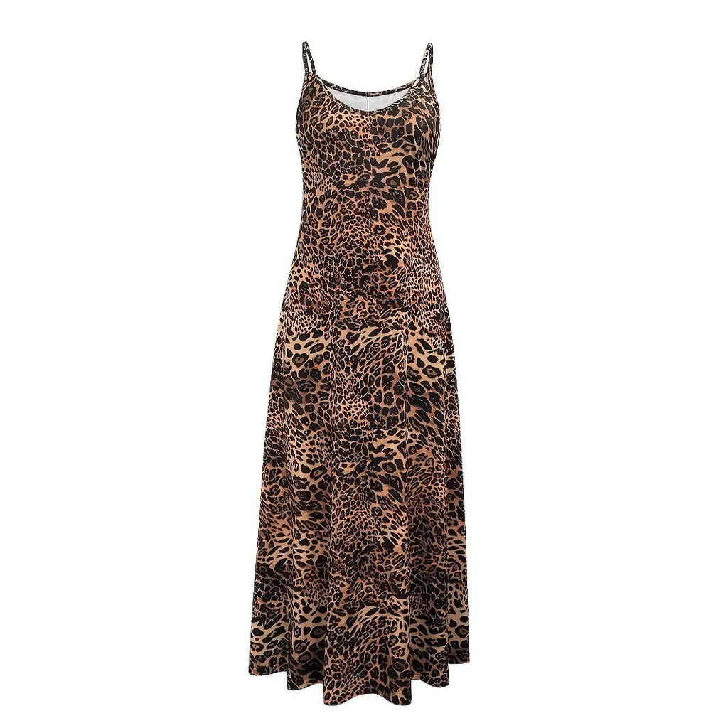 Women's dark brown leopard print sleeveless dress with round neck and adjustable shoulder straps