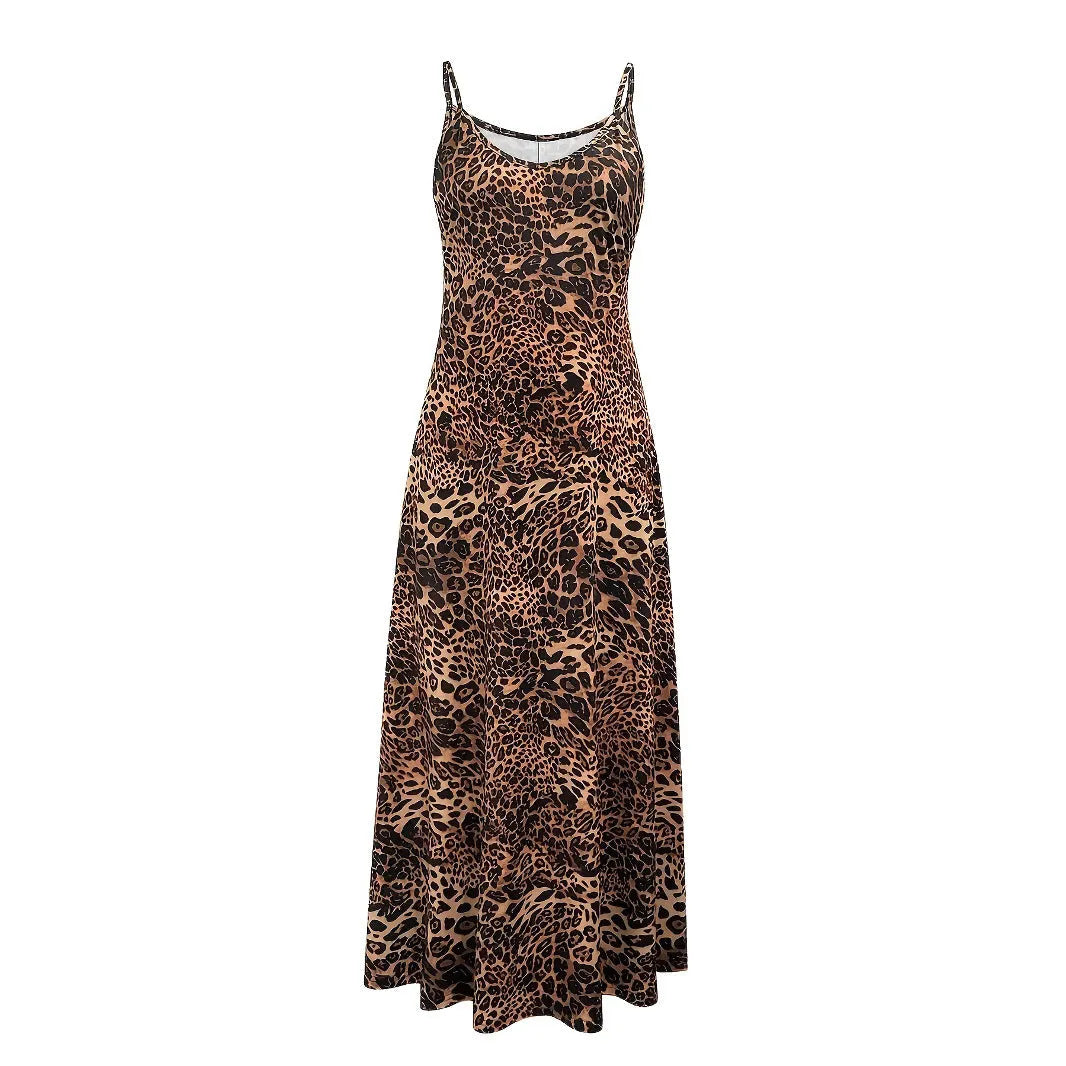 Women's dark brown leopard print sleeveless dress with round neck and adjustable shoulder straps