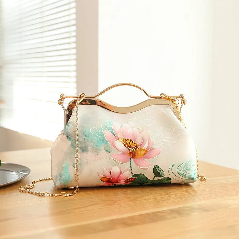 High-end ethnic style tote clutch bag for women – polyester shell shape with printed literary pattern and zipper change pocket, multiple colour options