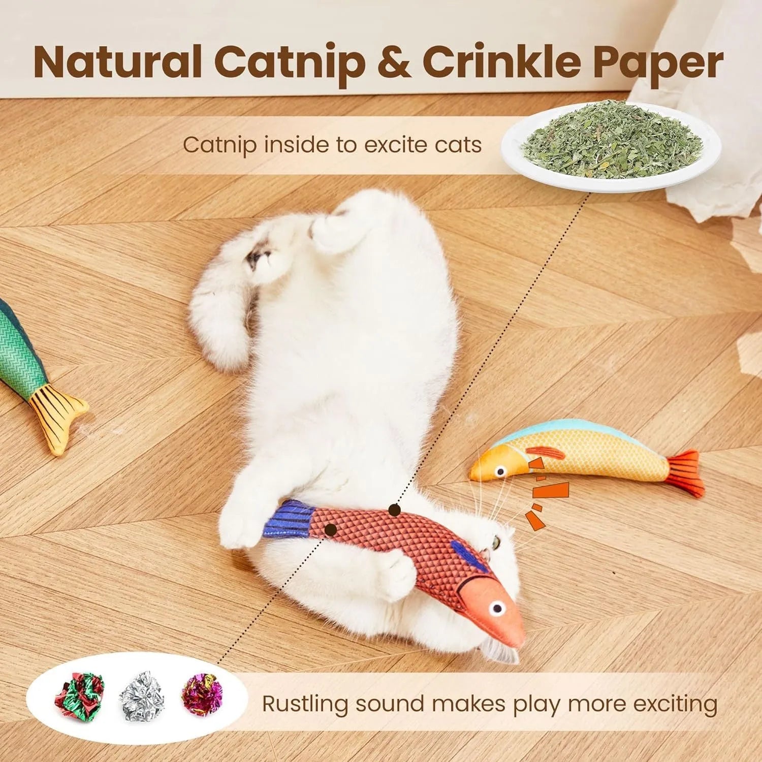 Green orange yellow catnip fish kicker toy measuring 24cm with soft plush material for indoor cat exercise