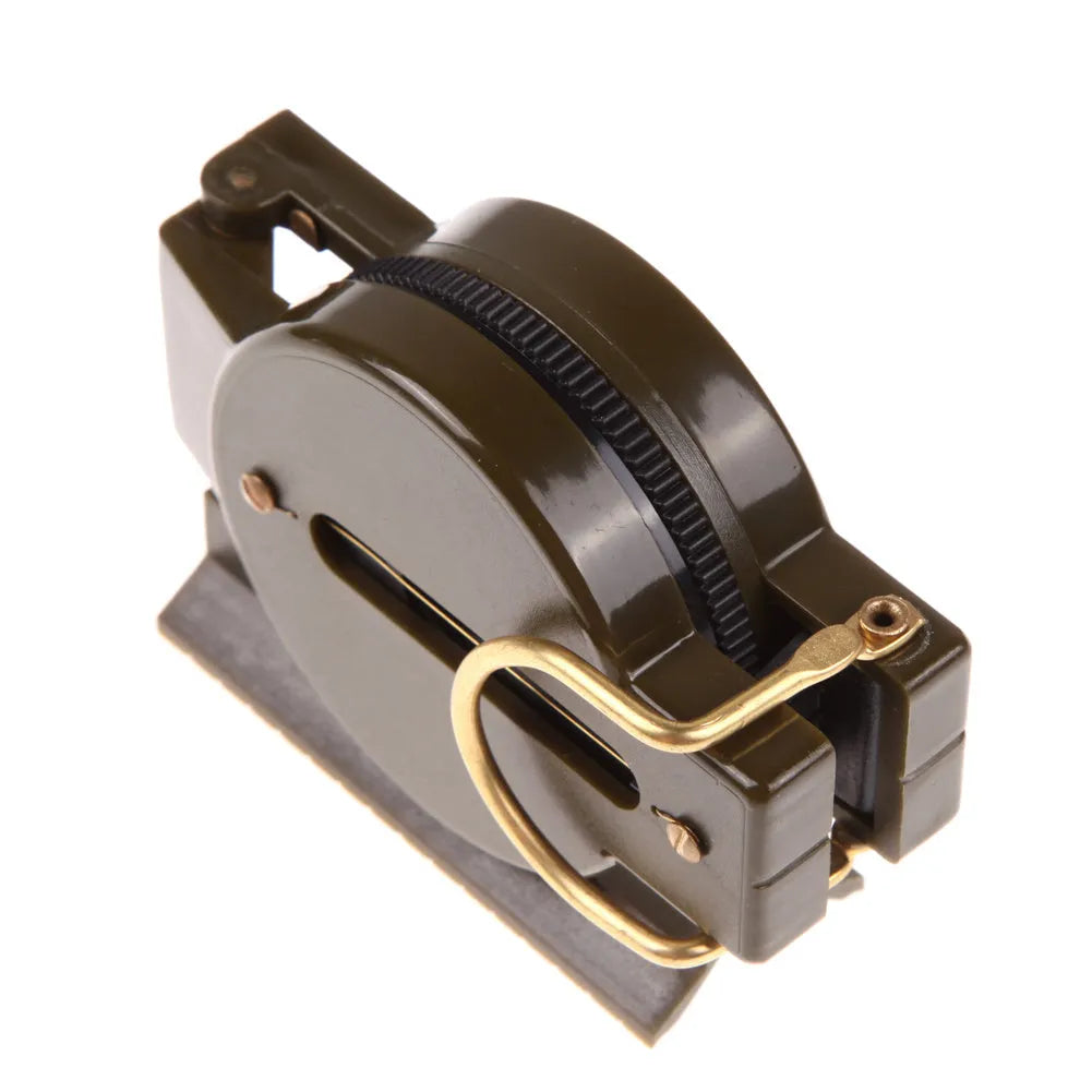 Army Green aluminium alloy compass with kerosene-damped movement open on neutral background