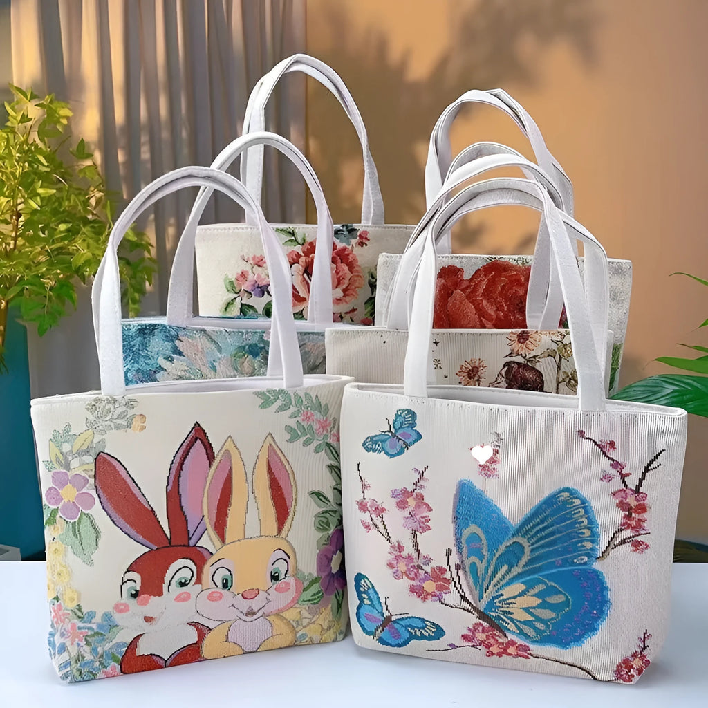 Double-sided gold wire embroidered canvas tote bag showing Bunny design with reinforced base